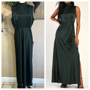 NWT Lulus Classic Elegance Green Satin Sleeveless Mock Neck Maxi Dress